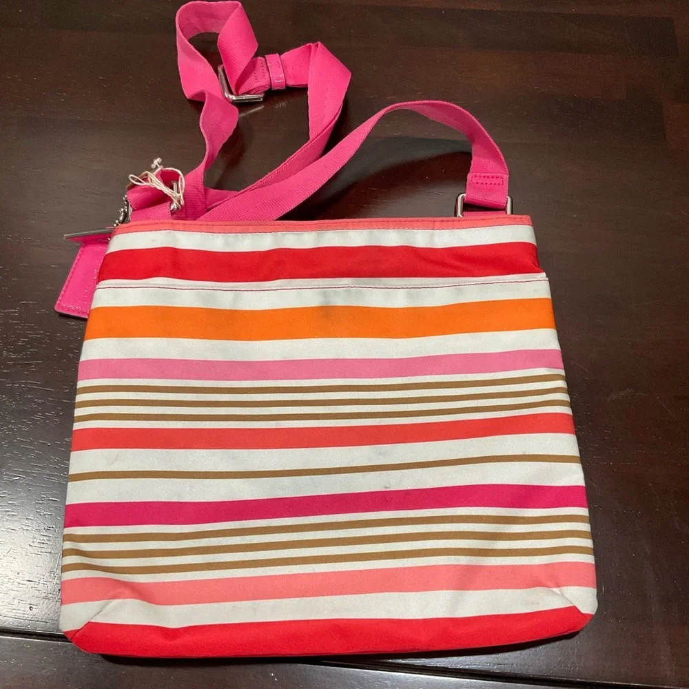 COACH GETAWAY STRIPED CROSSBODY‎ BAG PINK ORANGE BROWN WHITE